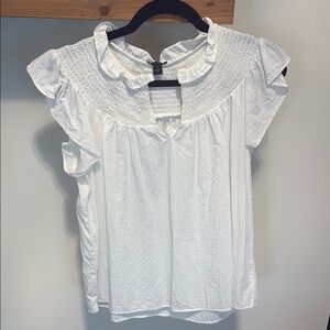 Ann Taylor White Puff Sleeve Smocked Blouse